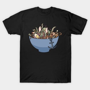 Tentacled Tug-of-War: Kraken Dragging a Ship in a Ramen Bowl T-Shirt